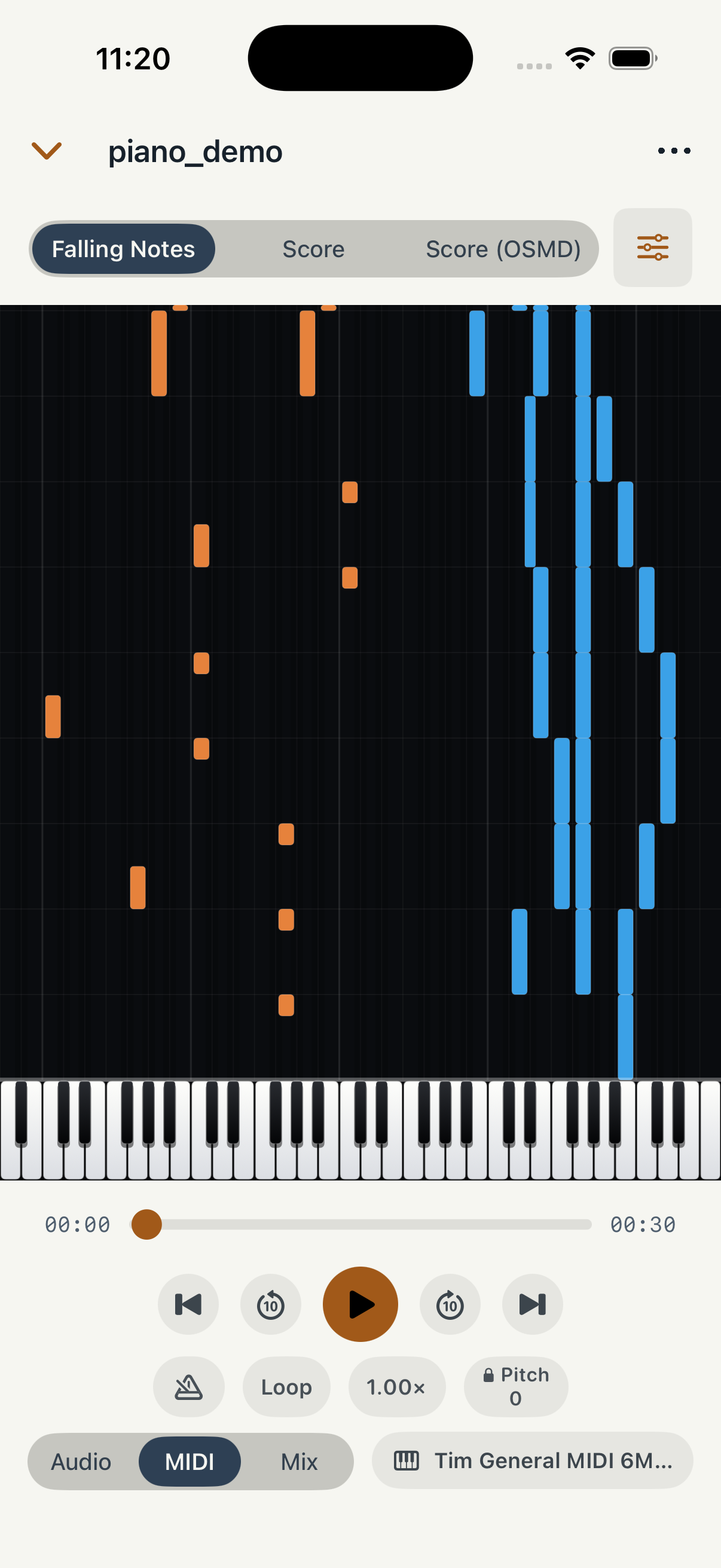 Falling-notes view of the same piano demo, with a keyboard and practice controls.